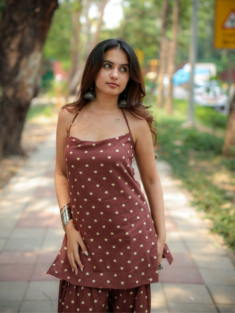 Daisy Dusk Coffee Farshi Salwar Set with Halter Neck Kurta