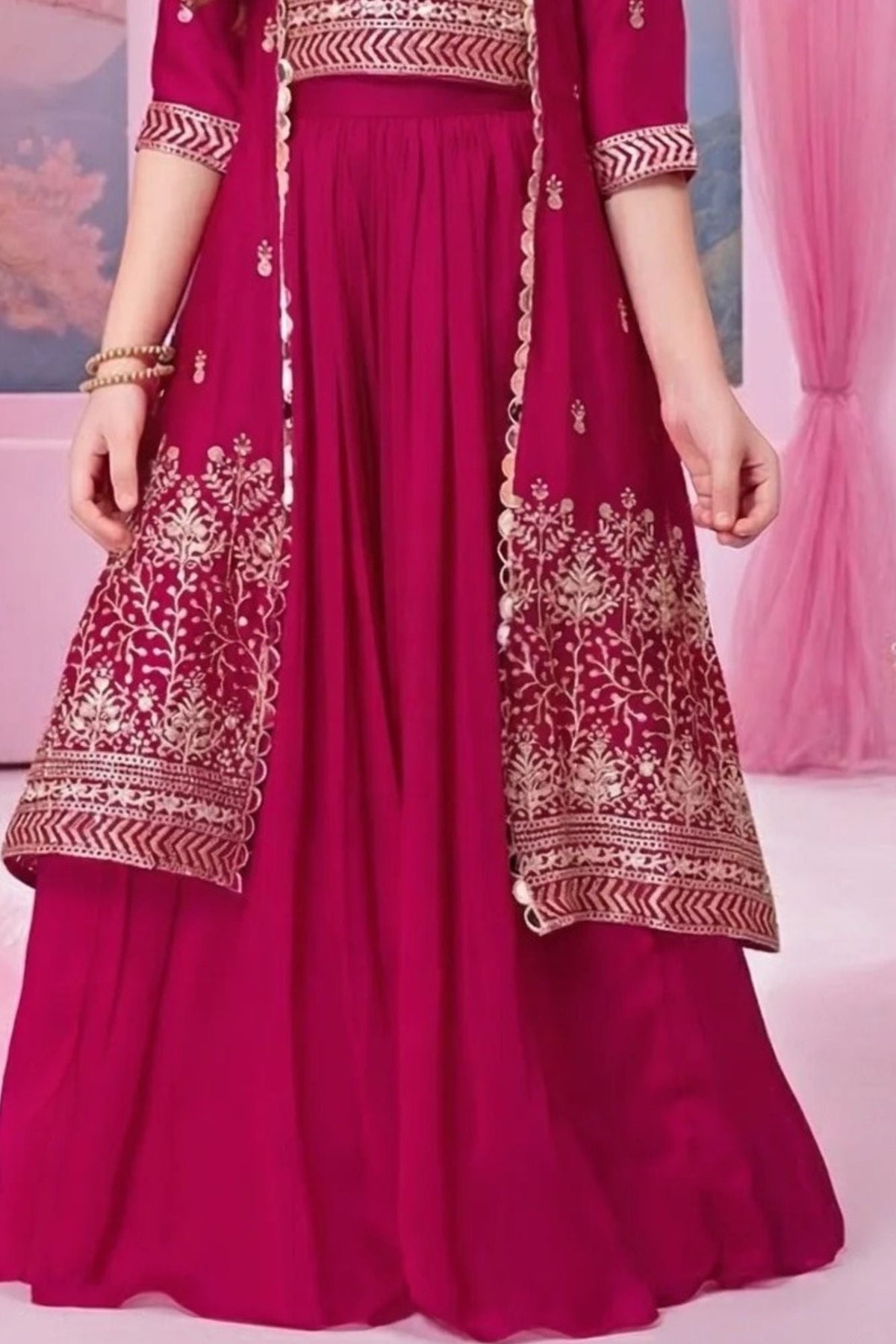 Rani Pink Embroidered Palazzo Set with Jacket For Girls