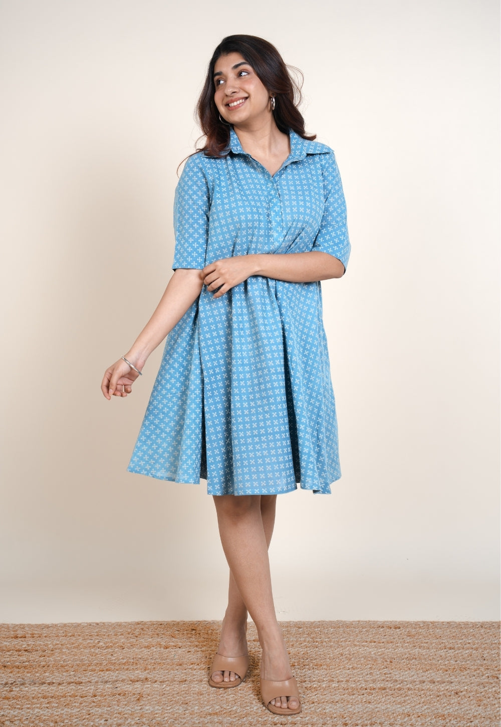 Srisha Blue Ajrakh Cotton A Line Dress