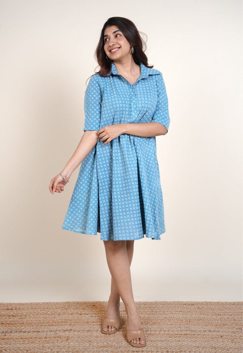 Srisha Blue Ajrakh Cotton A Line Dress