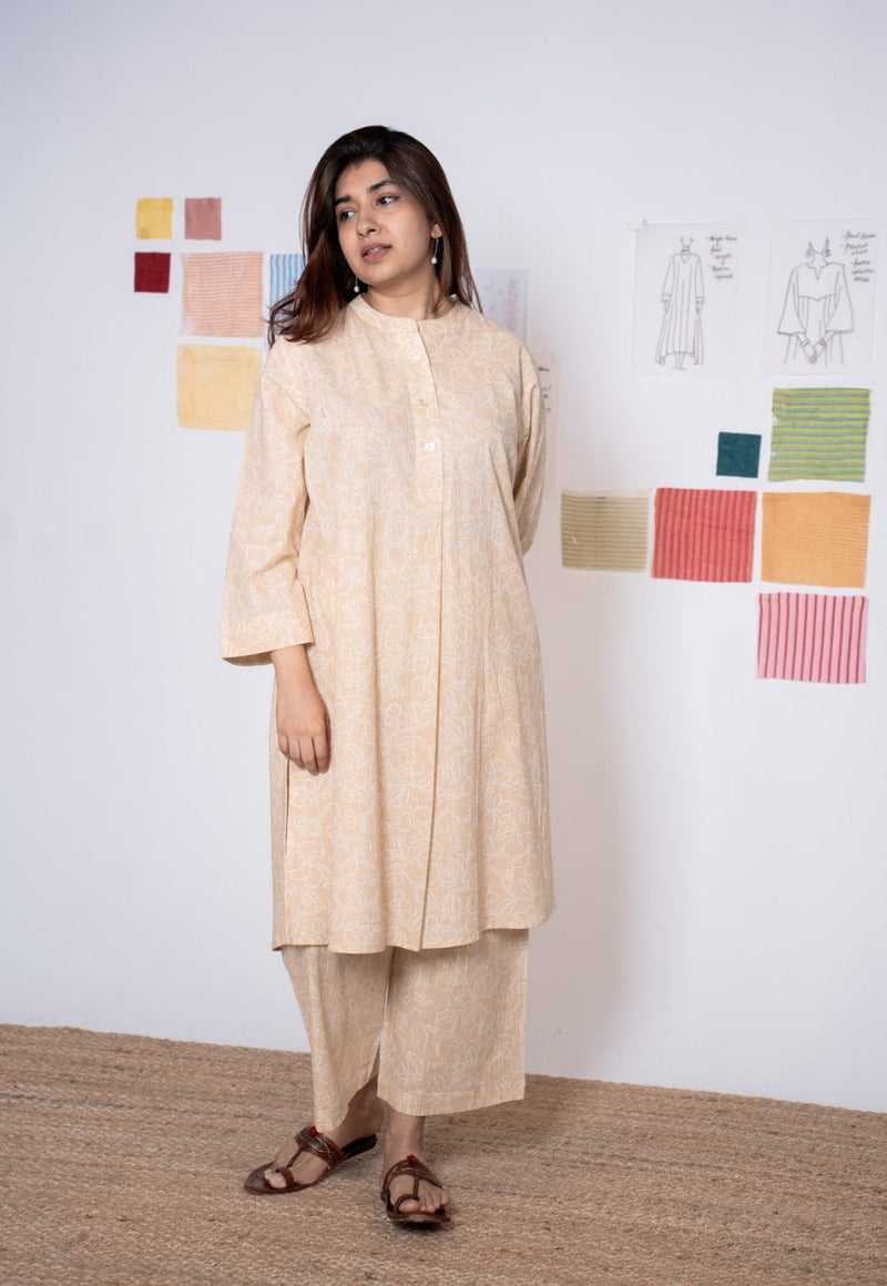 Ayaat Cream Hand Block Print Slub Cotton Anti-Fit Co-Ord Set