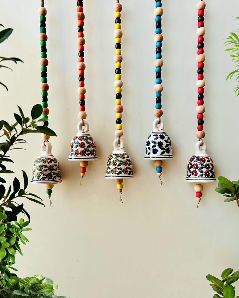 Blossom Beaded Ceramic Bells | With Ceramic wall hooks-Floral MULTICOLOR