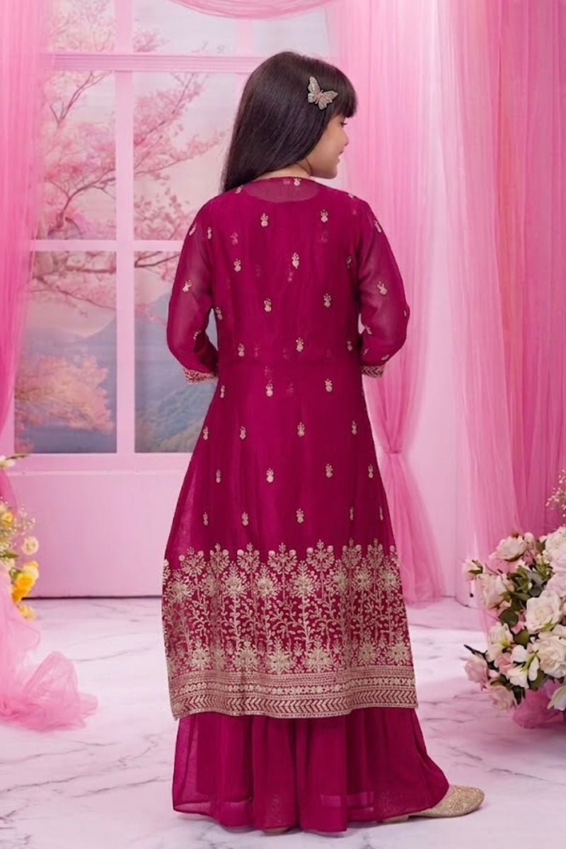 Rani Pink Embroidered Palazzo Set with Jacket For Girls
