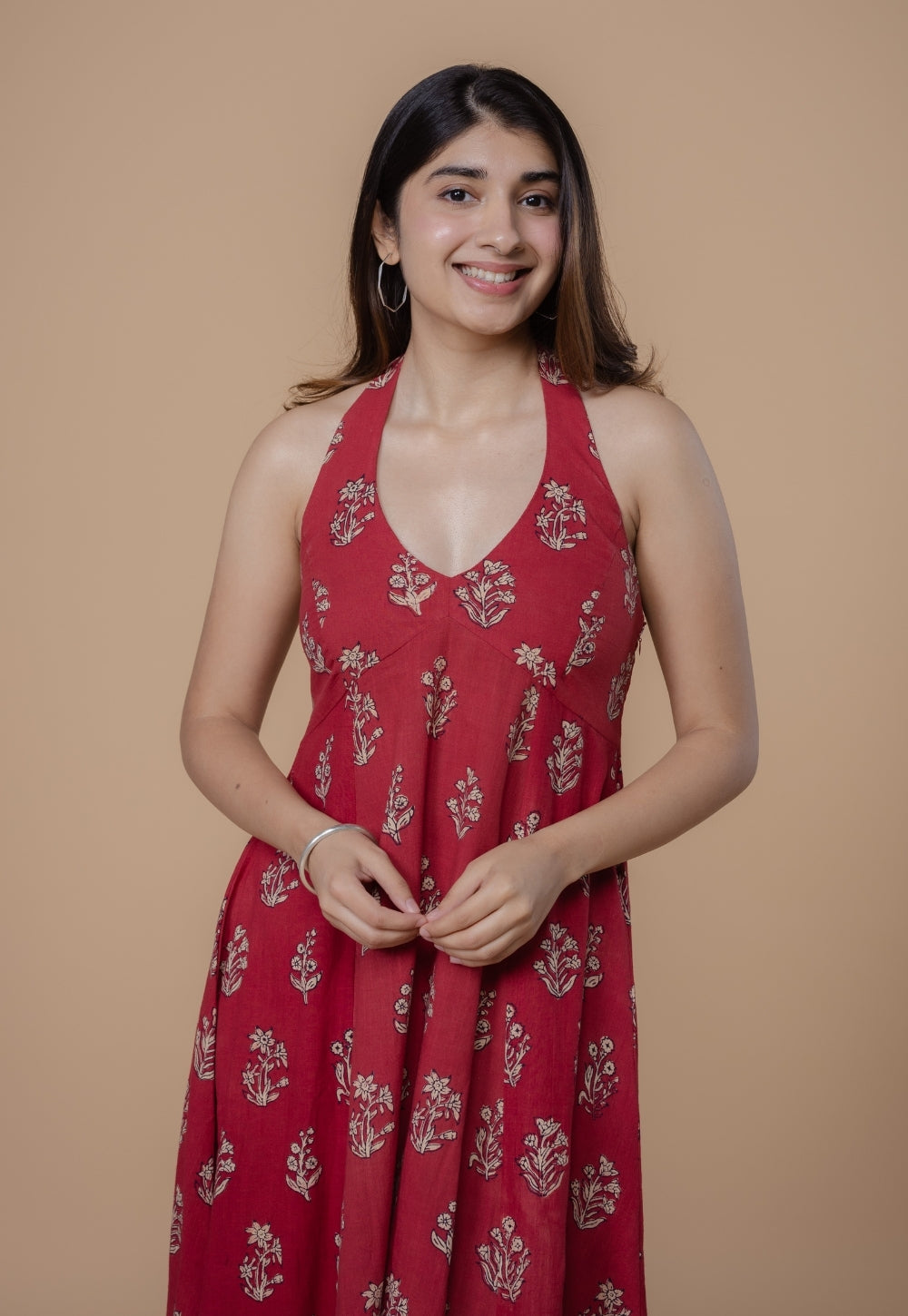 Sanyukta Red Dabu Slub Cotton A Line Dress