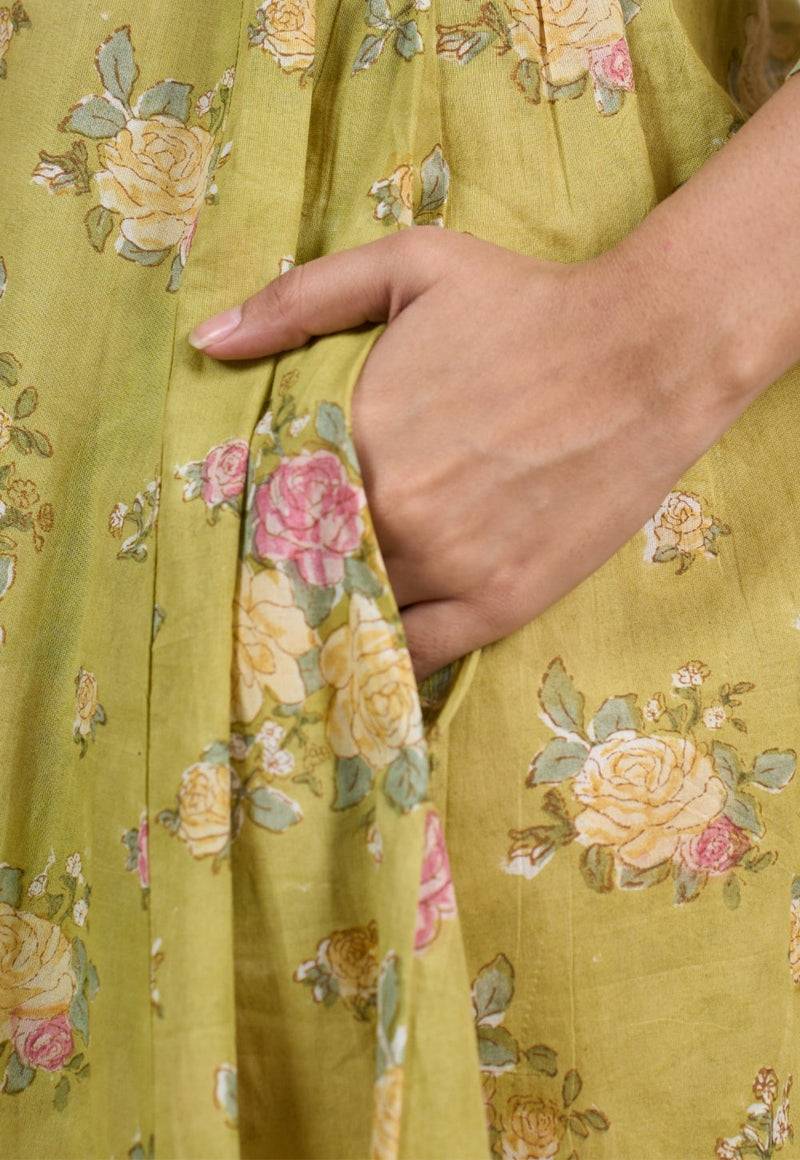 Lily Green Sanganeri Mul Cotton A Line Dress