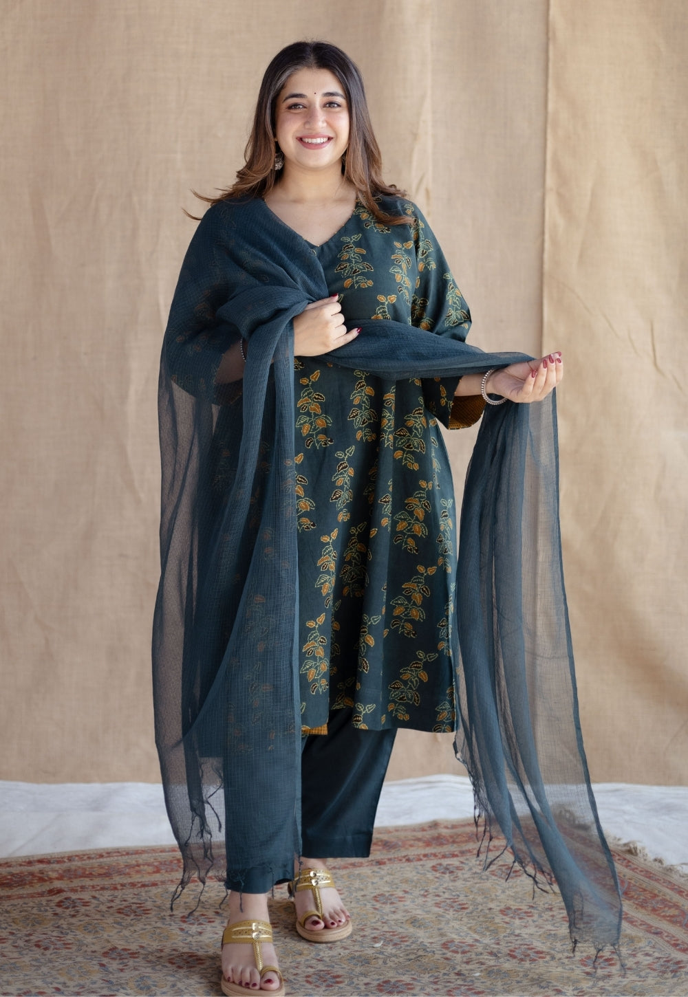 Sayali Green Ajrakh Cotton A Line Kurta with Hand Embroidery