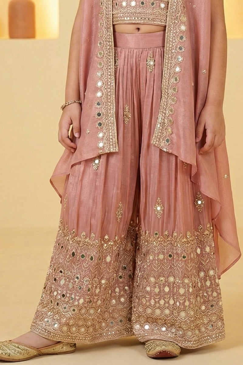 Onion Pink Mirror Embroidered Palazzo Set With Jacket For Girls