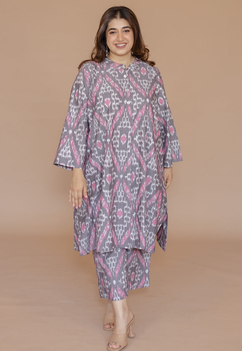 Ayaat Grey Handloom Ikkat Cotton Straight Kurta