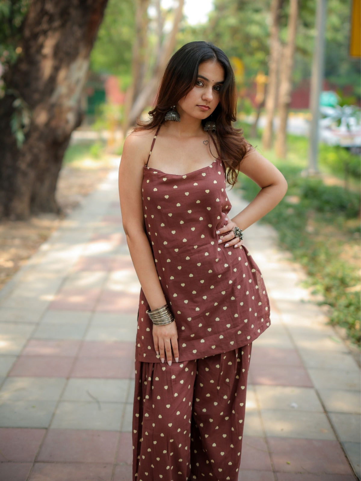 Daisy Dusk Coffee Farshi Salwar Set with Halter Neck Kurta