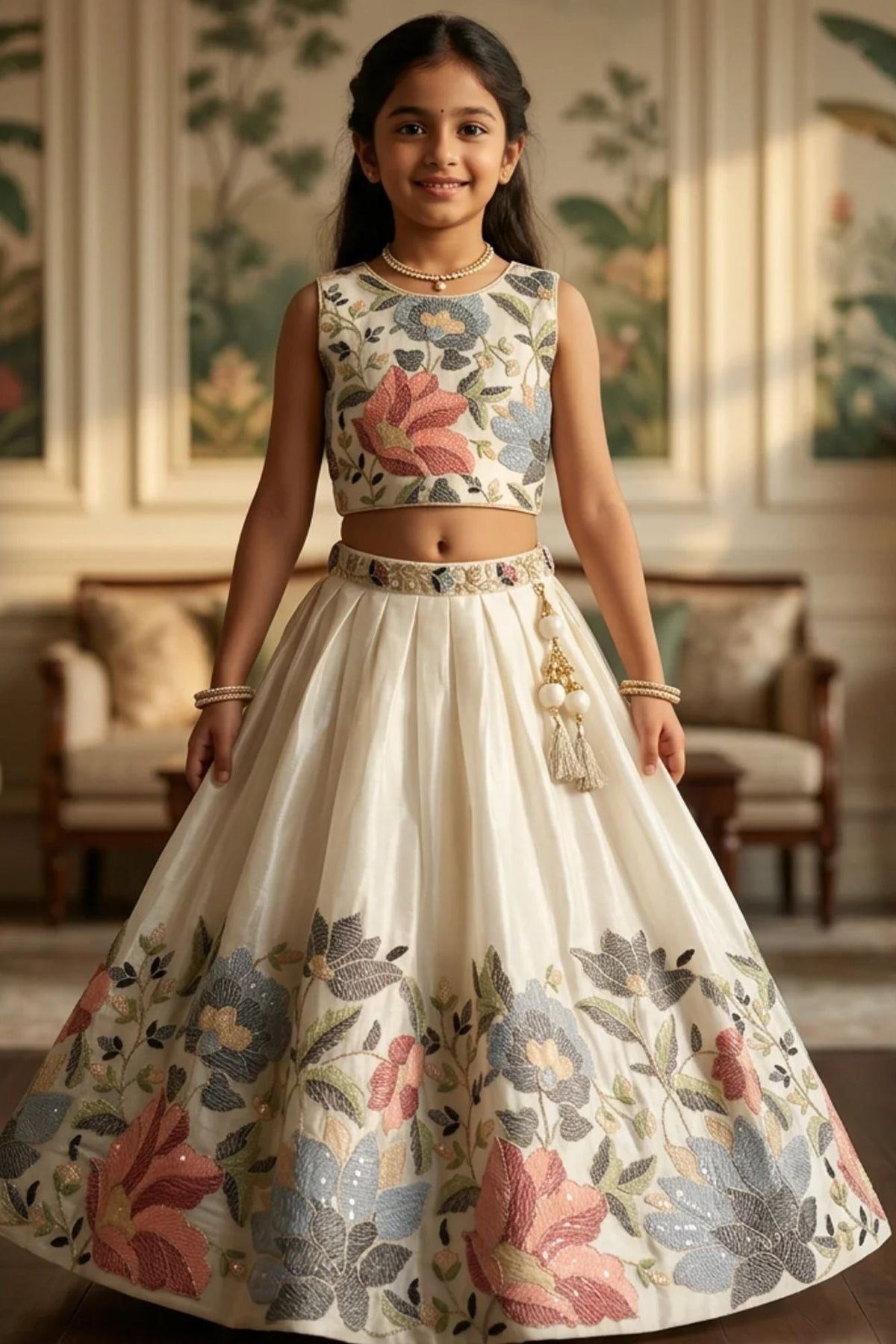 Cream Floral Embroidered Lehenga Choli And Dupatta For Girls