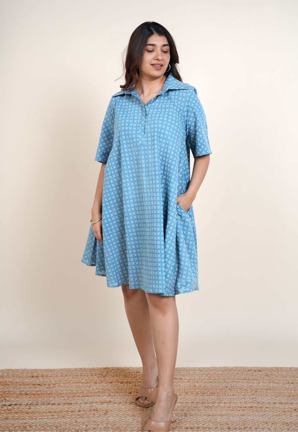 Srisha Blue Ajrakh Cotton A Line Dress