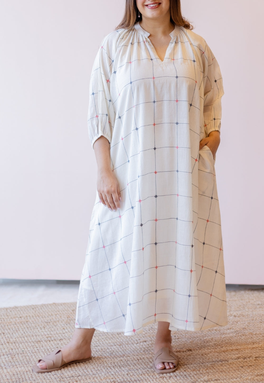 Eva Off White Jamdani Handloom Cotton Anti-Fit Dress