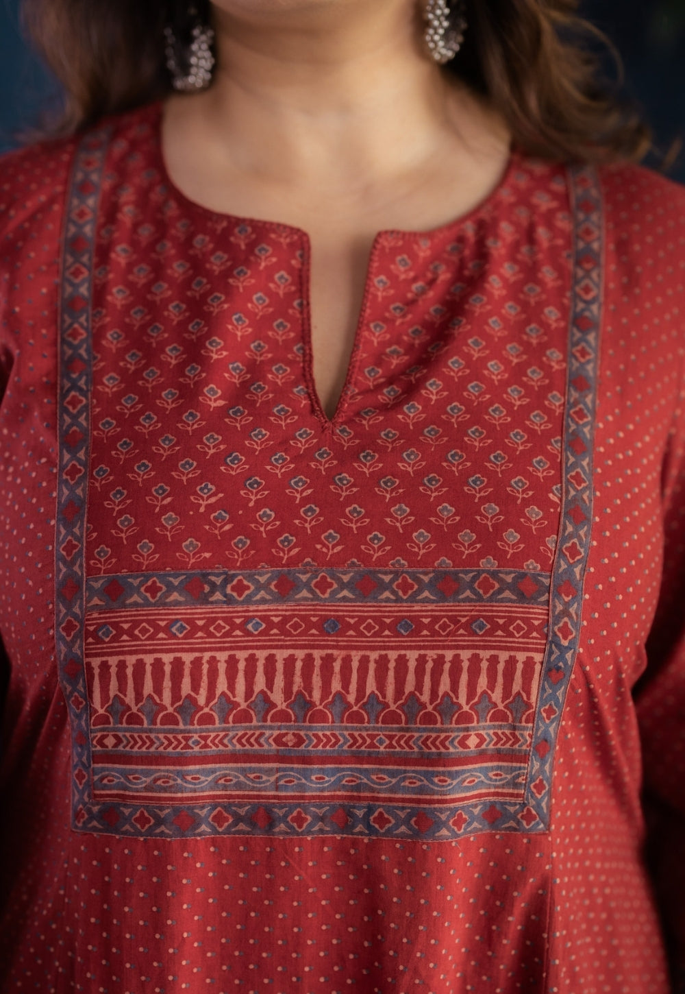 Fariha Red Ajrakh Cotton Kali Kurta with Hand Embroidery
