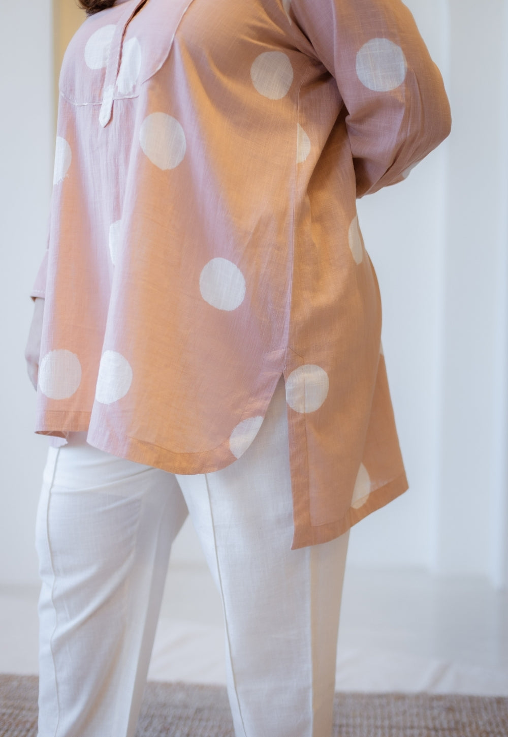 Naaz Peach Hand Block Print Slub Cotton A Line Short Top with Hand Embroidery