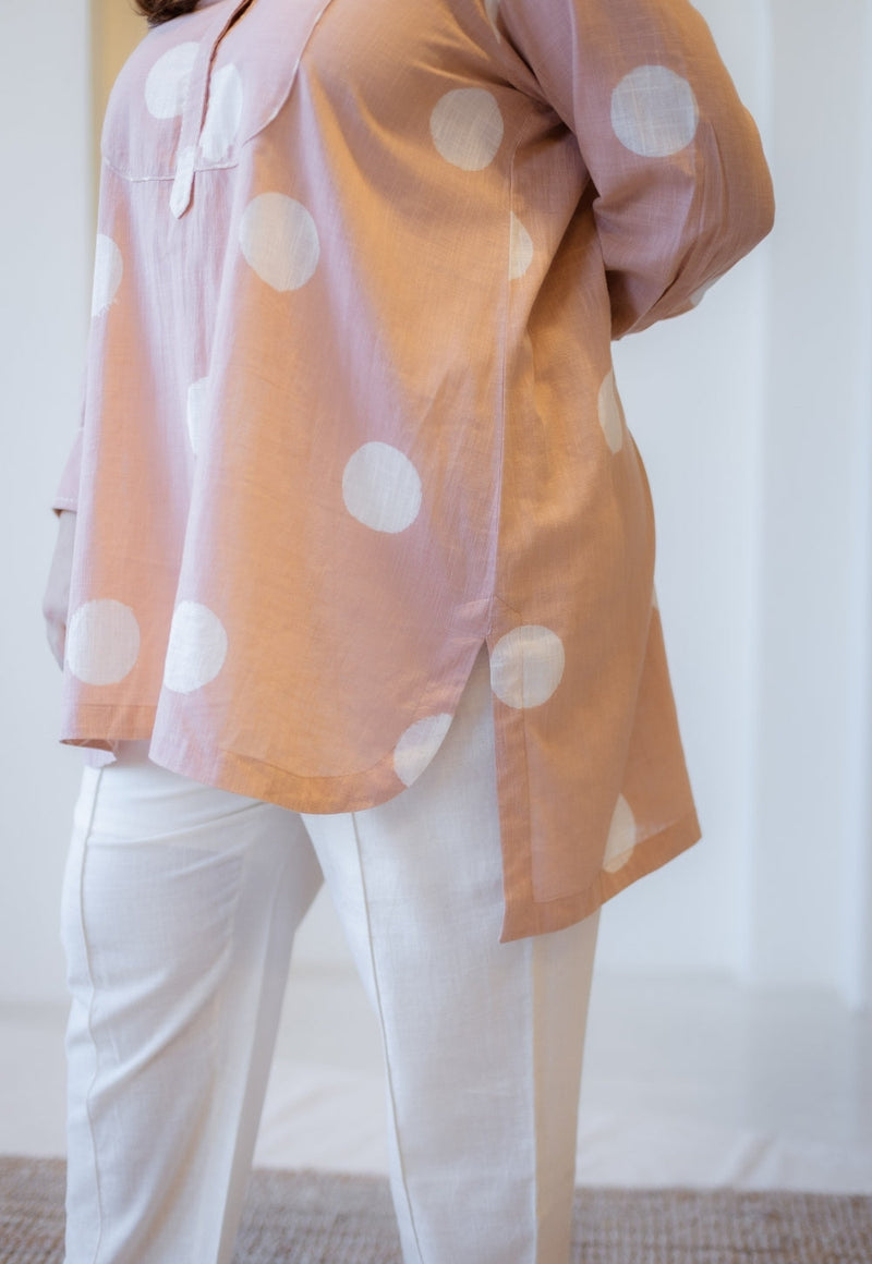 Naaz Peach Hand Block Print Slub Cotton A Line Short Top with Hand Embroidery