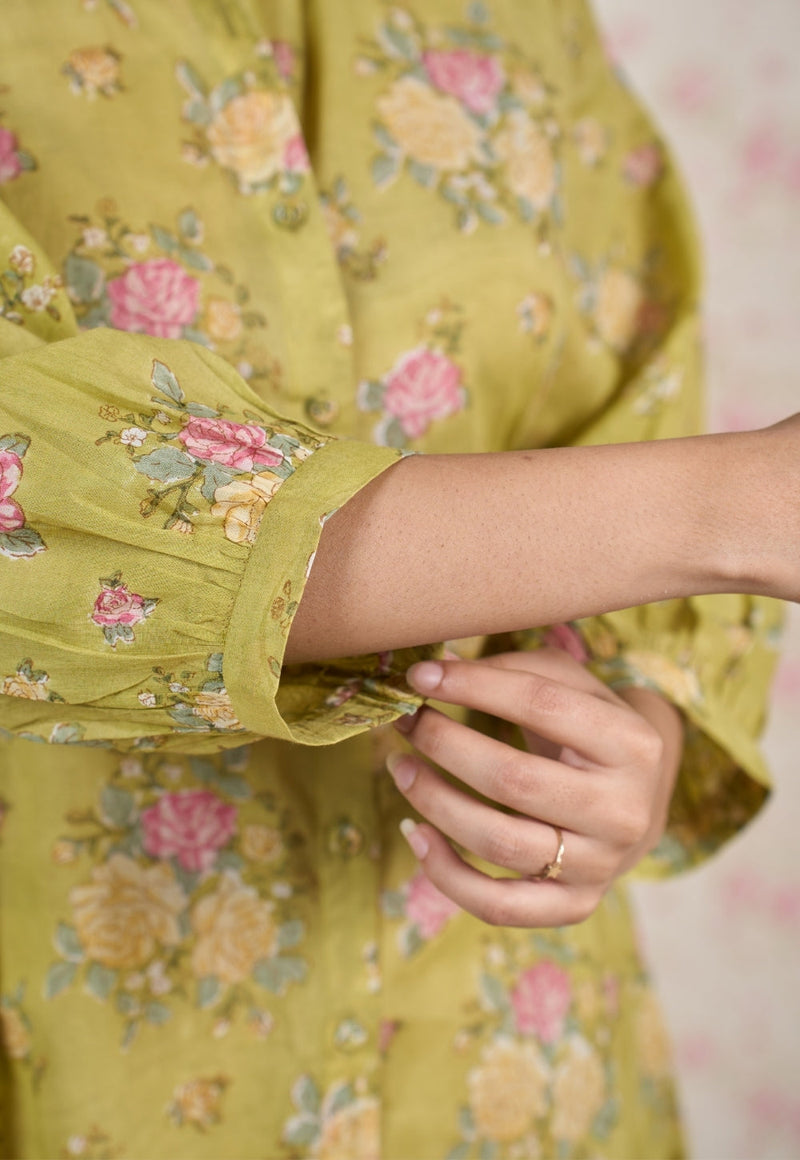 Lily Green Sanganeri Mul Cotton A Line Dress