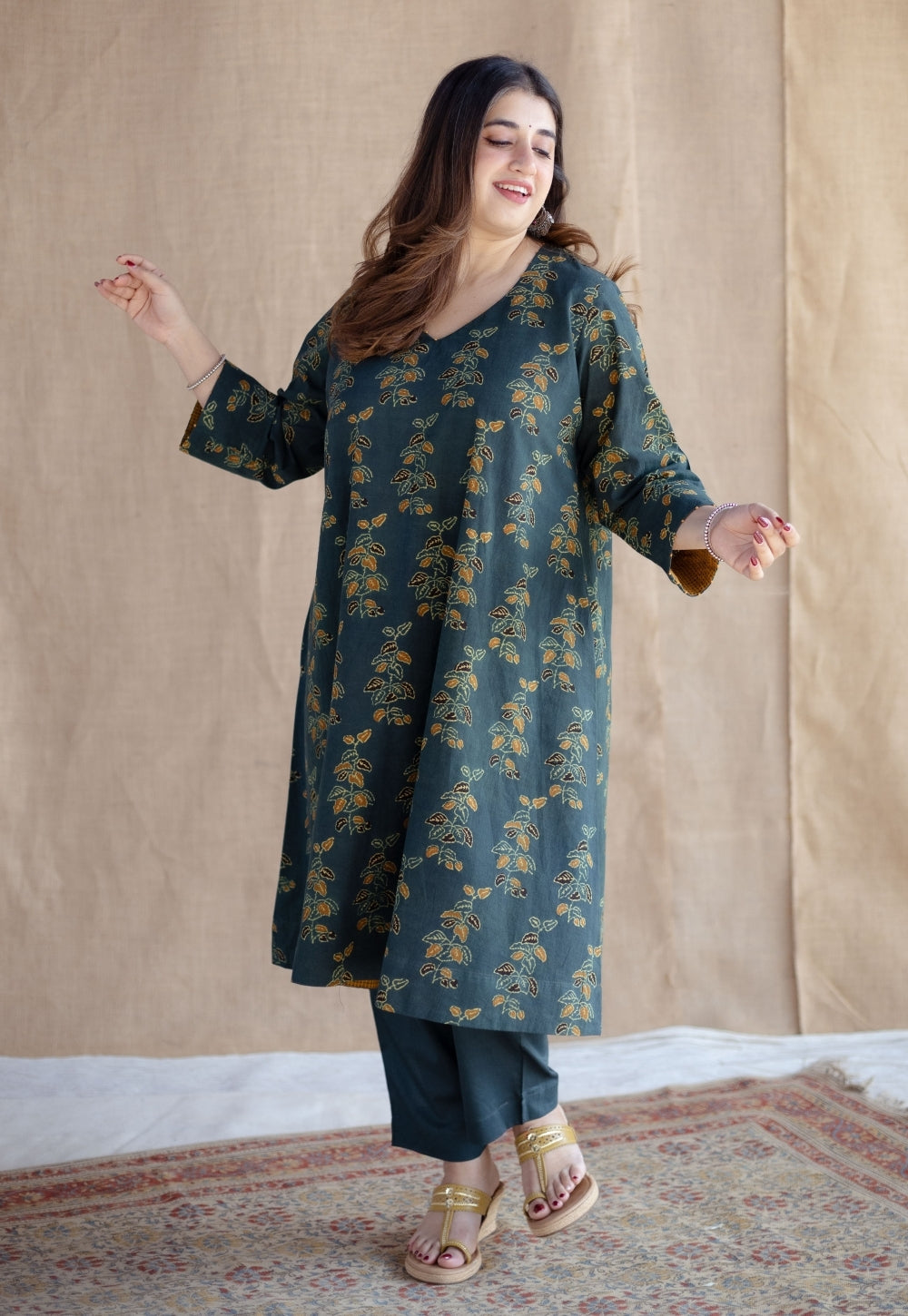 Sayali Green Ajrakh Cotton A Line Kurta with Hand Embroidery