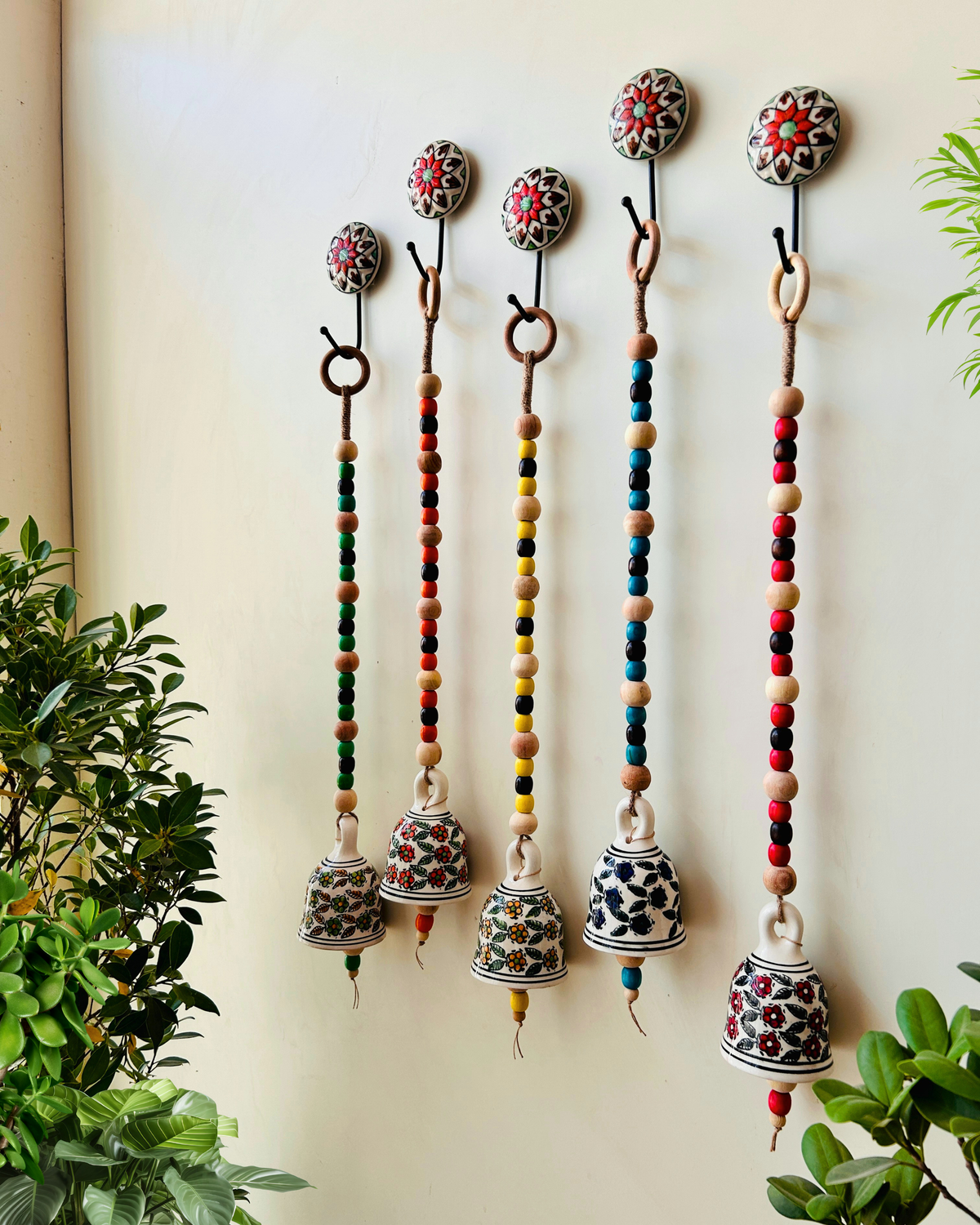 Blossom Beaded Ceramic Bells | With Ceramic wall hooks-Floral MULTICOLOR