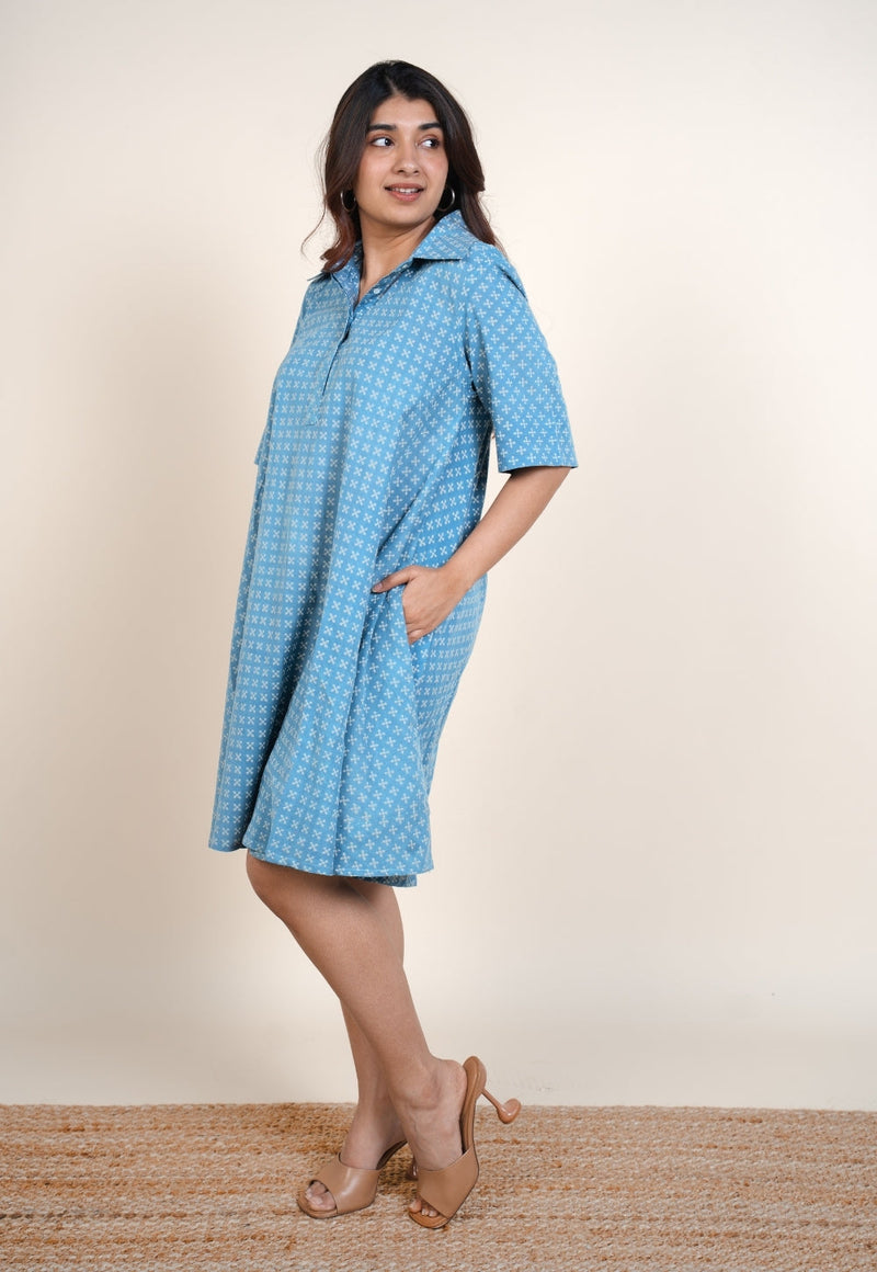 Srisha Blue Ajrakh Cotton A Line Dress