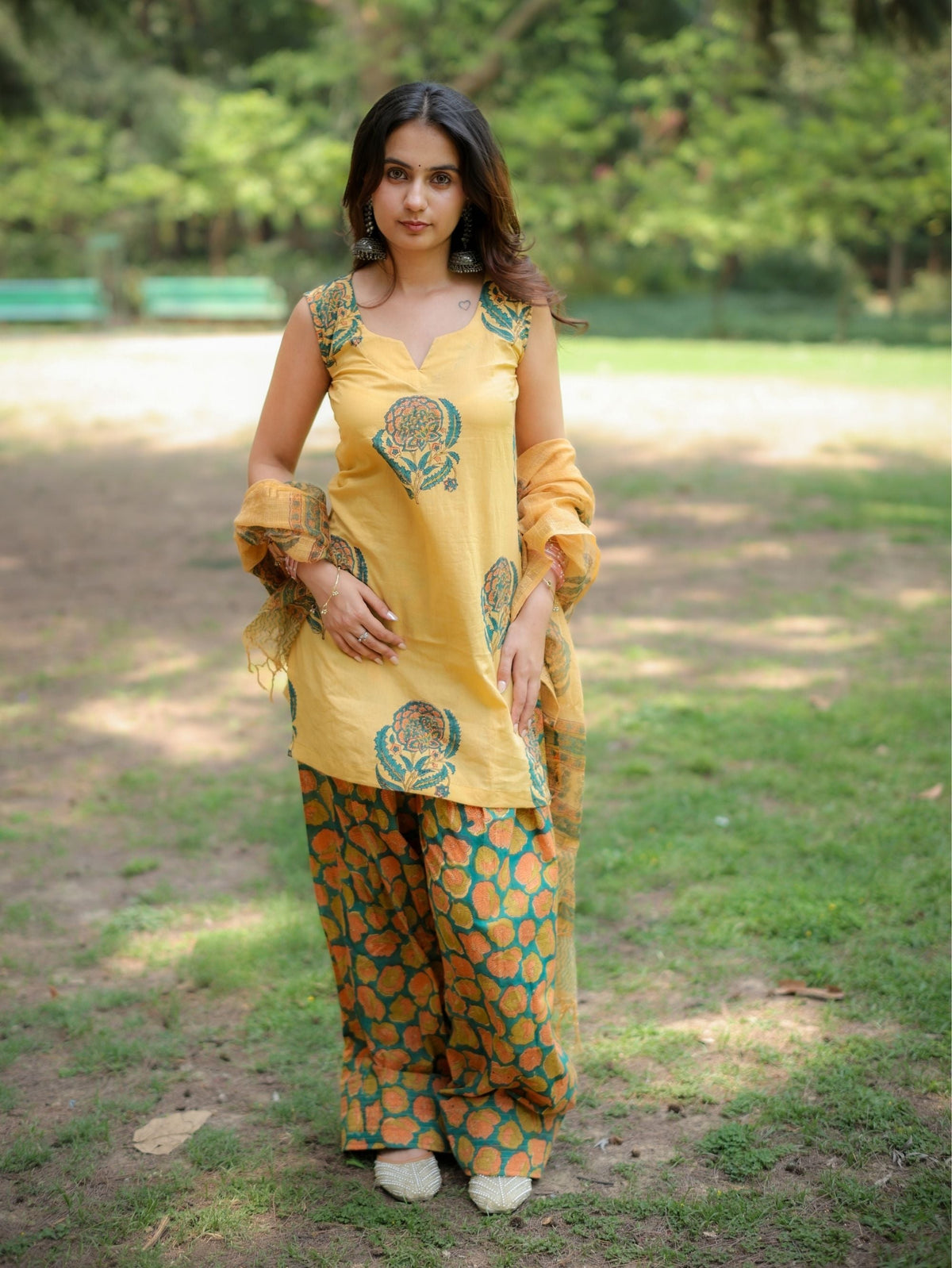 Citrus Kiss Handblock Farshi Salwar Set with Kota Doriya Dupatta