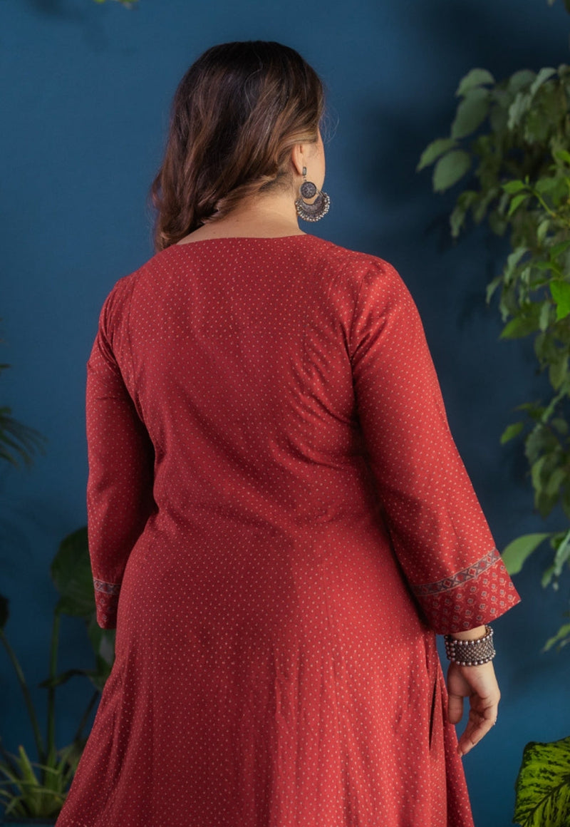 Fariha Red Ajrakh Cotton Kali Kurta with Hand Embroidery