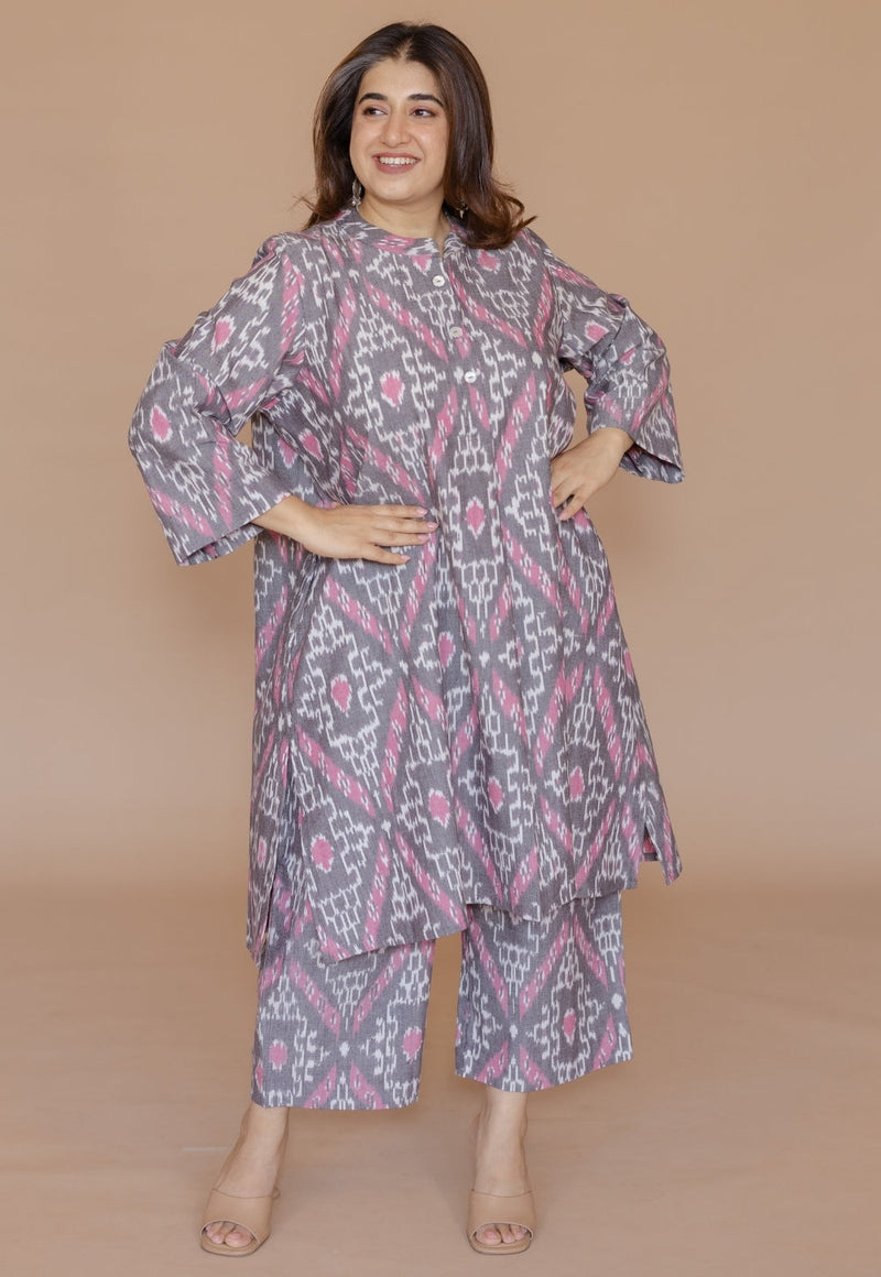 Ayaat Grey Handloom Ikkat Cotton Straight Kurta