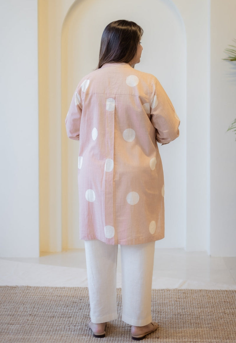 Naaz Peach Hand Block Print Slub Cotton A Line Short Top with Hand Embroidery