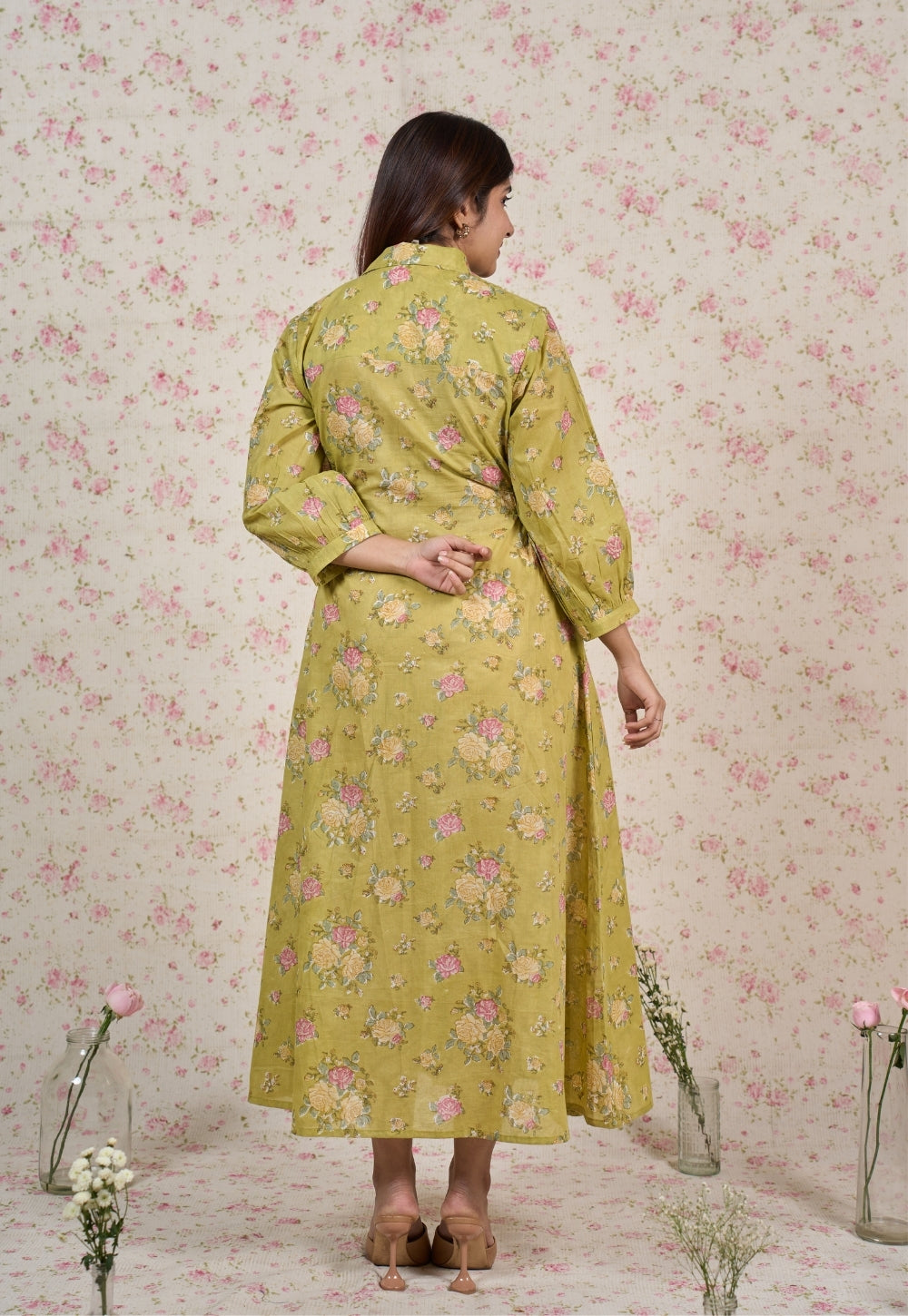 Lily Green Sanganeri Mul Cotton A Line Dress