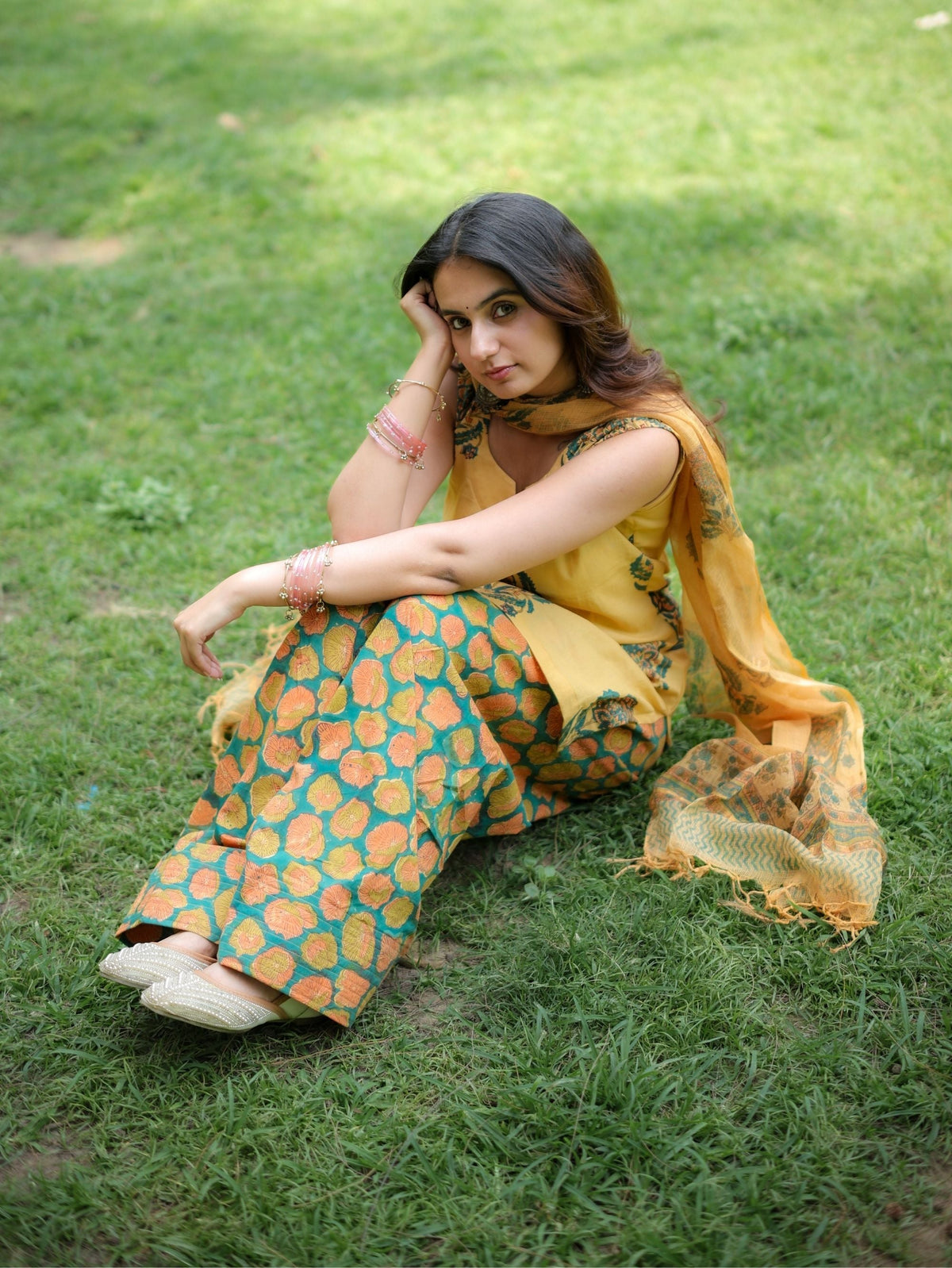Citrus Kiss Handblock Farshi Salwar Set with Kota Doriya Dupatta