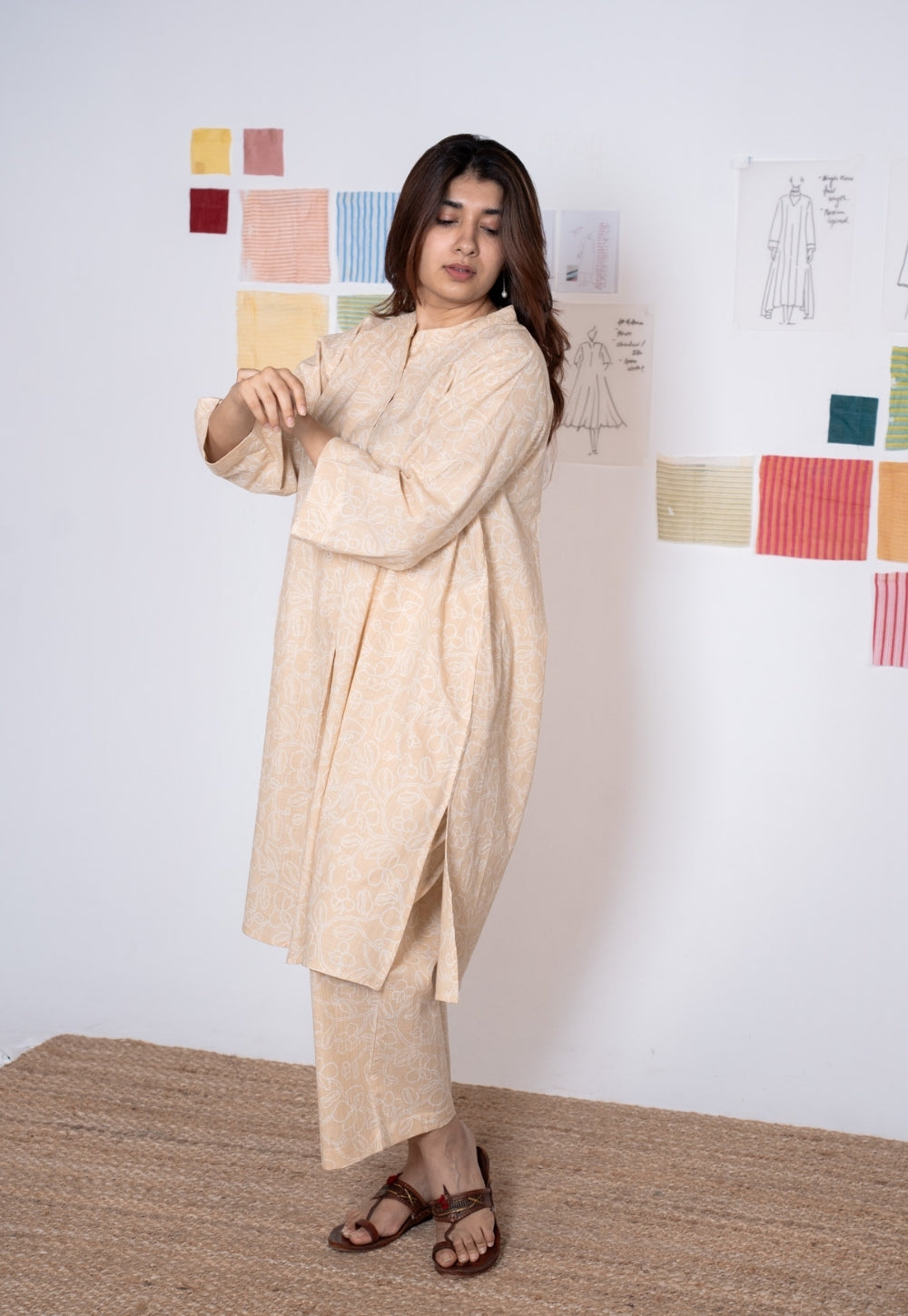 Ayaat Cream Hand Block Print Slub Cotton Anti-Fit Co-Ord Set