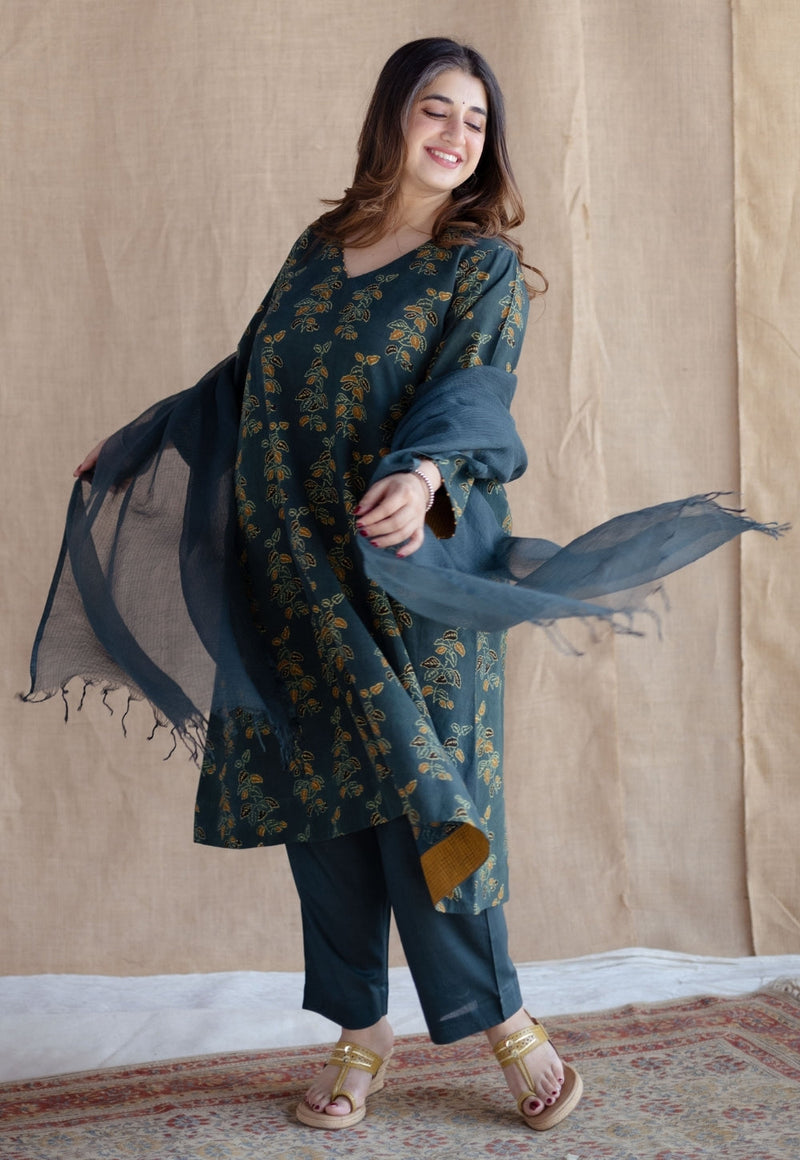 Sayali Green Ajrakh Cotton A Line Kurta with Hand Embroidery