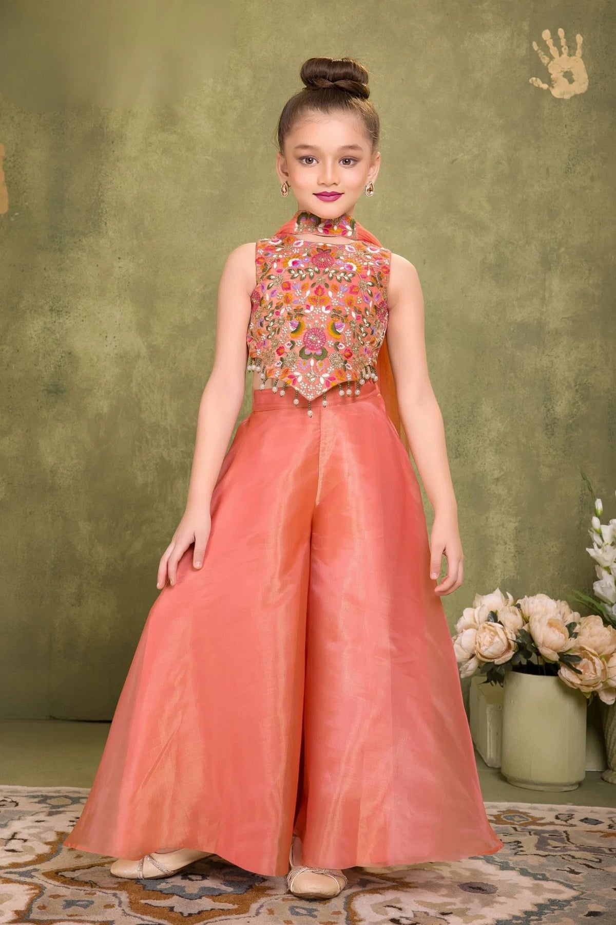 Orange Sequins Work With Thread Embroidery For Palazzo Set For Girls