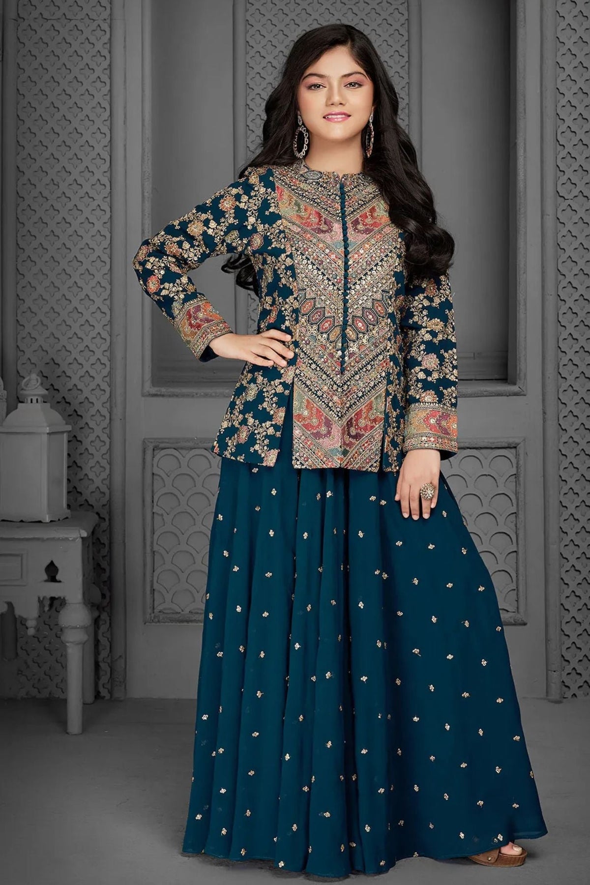 Blue Embroidered Palazzo Set with Jacket for Girls