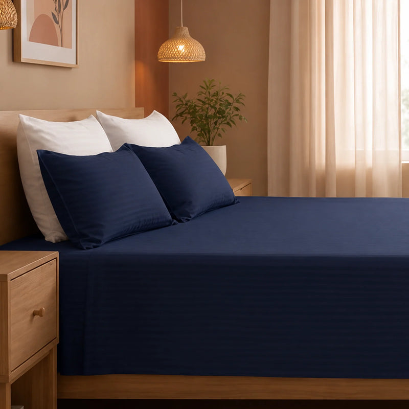 Breton Nap - Satin Stripes Bedsheet (Dark Blue)-5