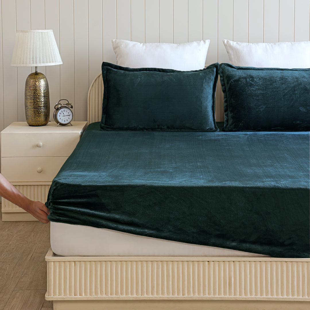 Homemonde Lightweight - Fleece Fitted Bedsheet (Emerald Green)-5