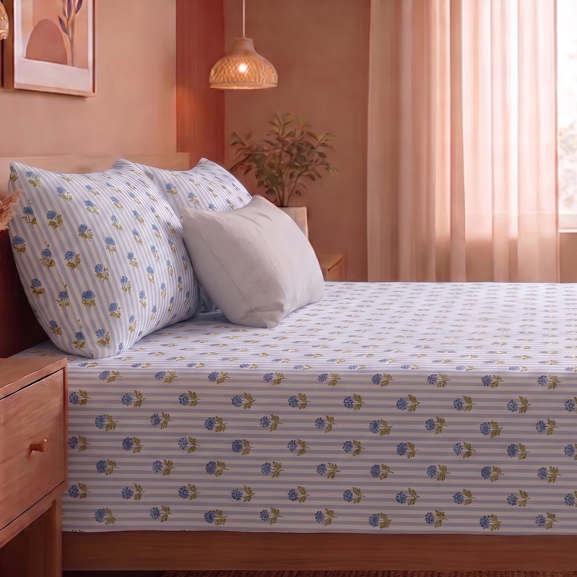 Soft Serenade - Floral Bedsheet (Blue)-5