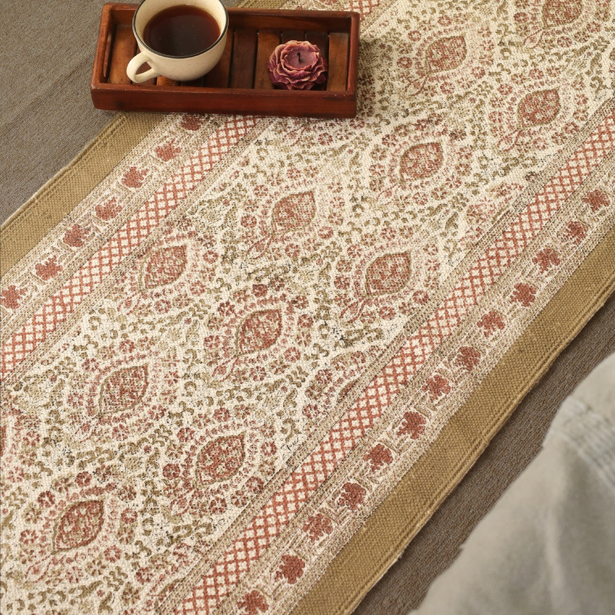 Cotton Floor Rug for Living Room and Bedroom hand block printed in Ivory and Rust Colour | Soft Washable Area Rug
