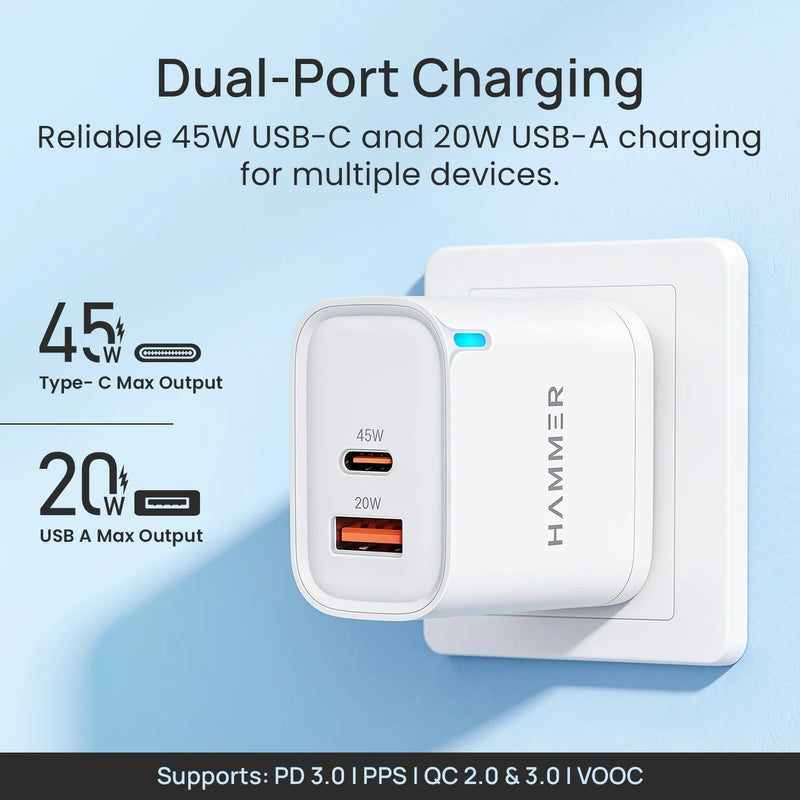 Hammer 45W Dual Port Fast Charger for Samsung and iPhone with PD, PPS Technology Without Cable (White)-6