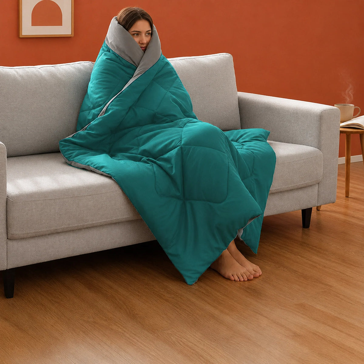 Fort - Box Stitch Duvet Comforter (Teal & Light Grey)-5