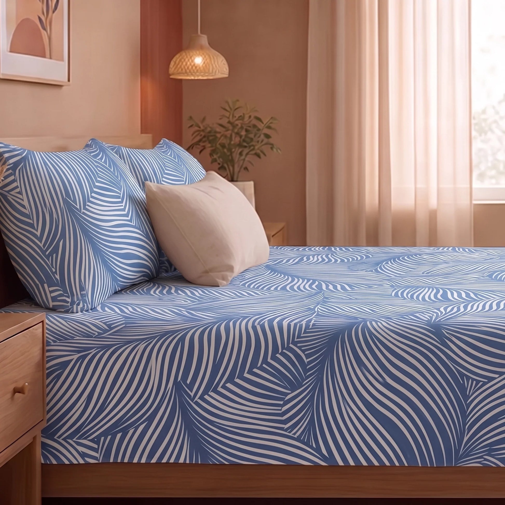Blue Feather - Bedsheet (Blue & White)-5