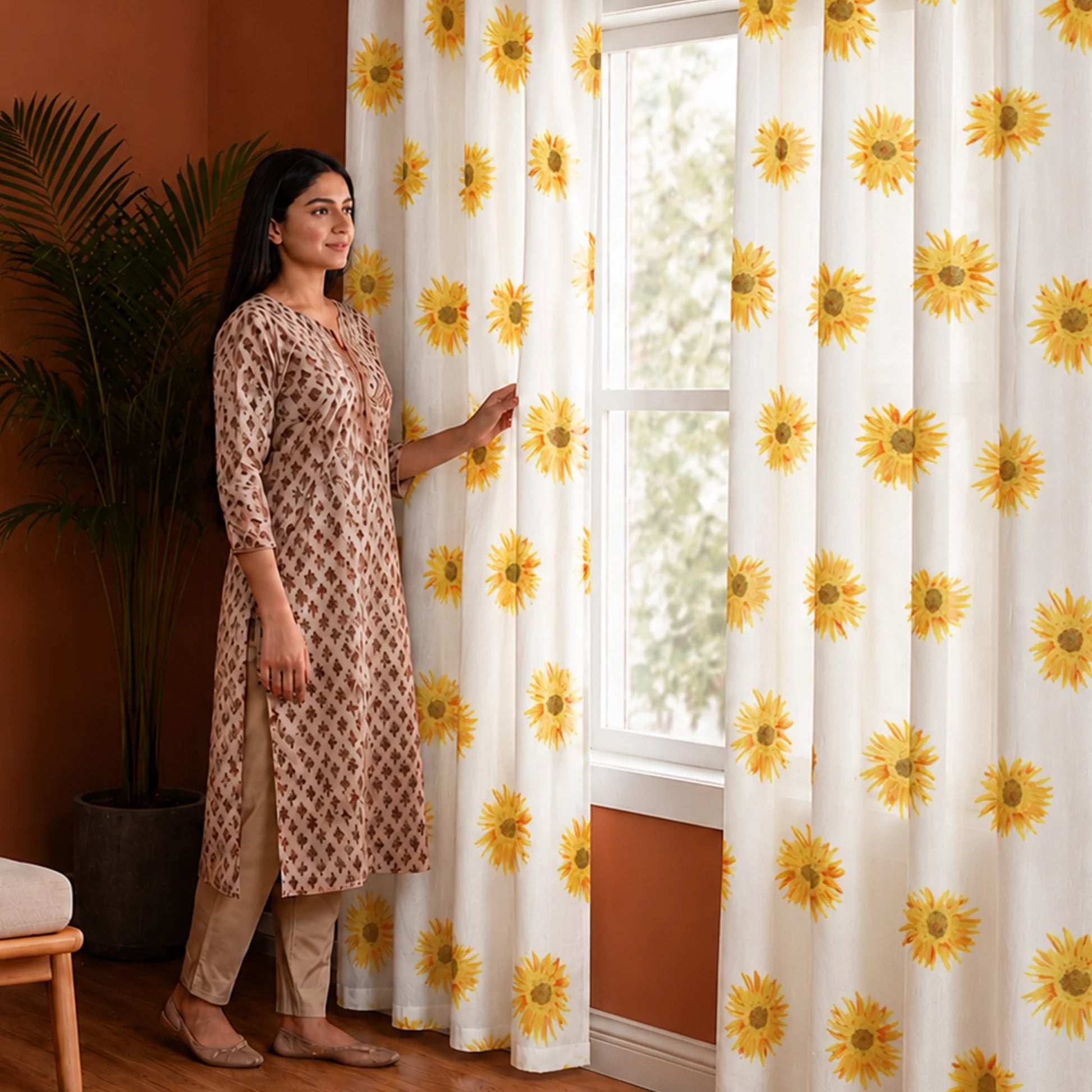 Yellow Sunflower Printed Rod Pocket Duck Curtain-5