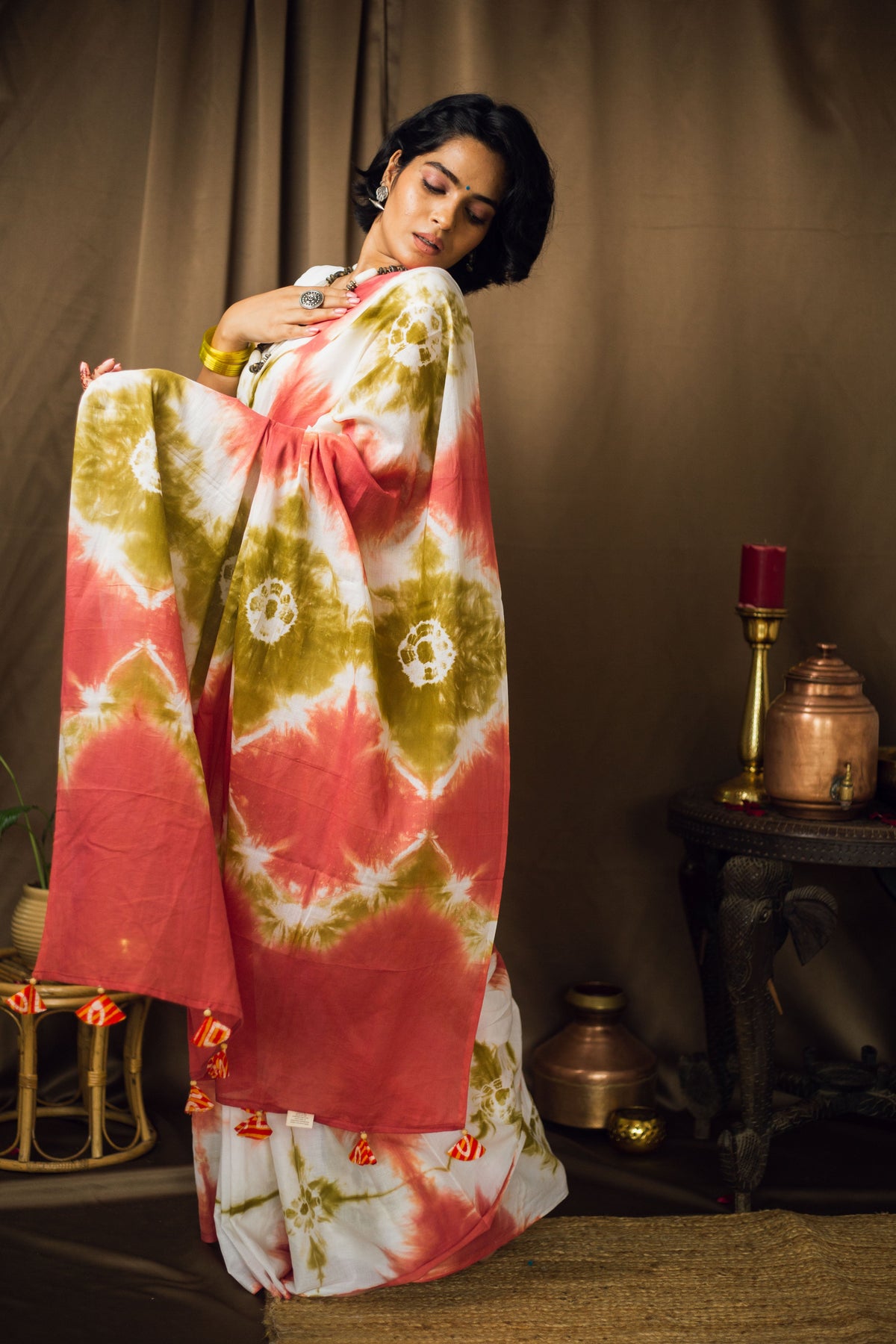 Cotton Mul Tie Dye Saree Green Earth-5