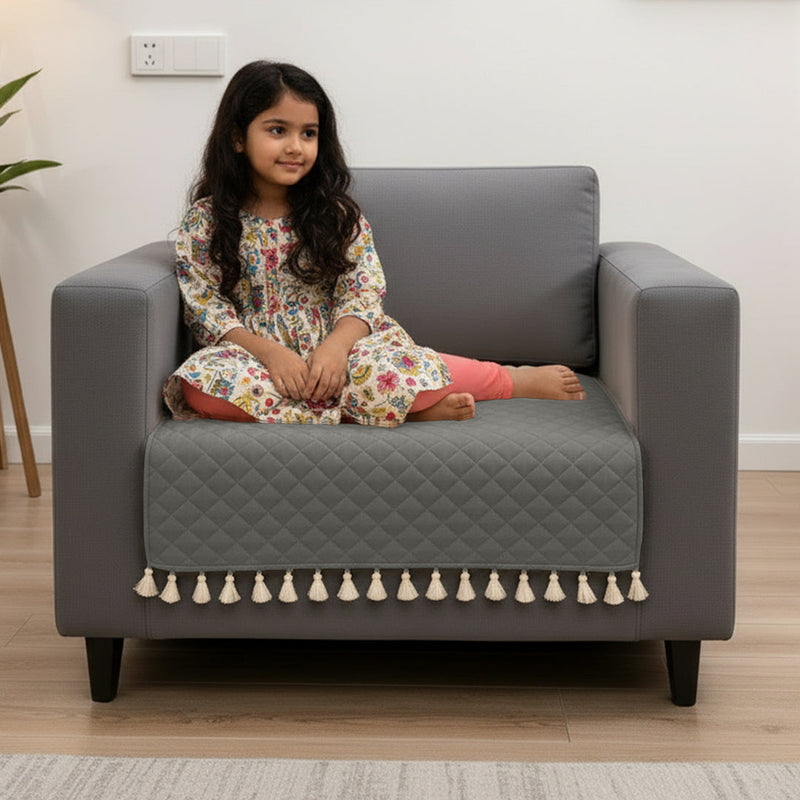 Quilted Velvet Sofa Cover with Tassels (Grey)-3