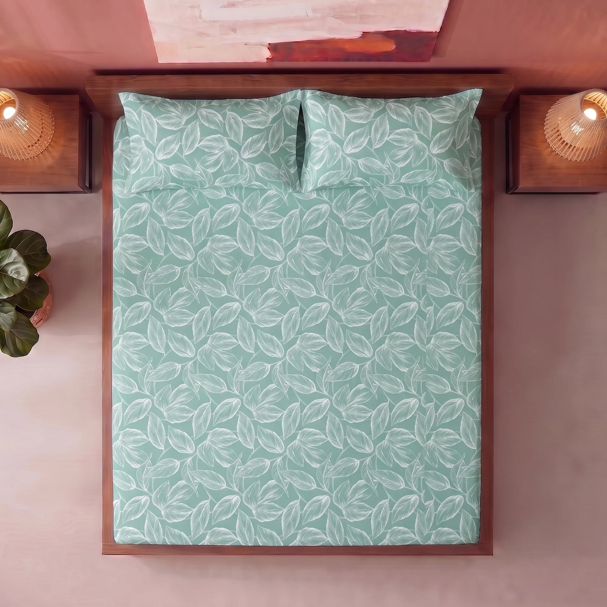 Imprimer Itsy-Bitsy - Leaf Printed Fitted Bedsheet (Aqua Blue)-5