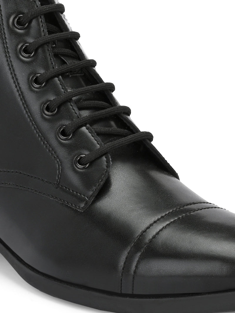 Black Lace-Up Block Heel Boots