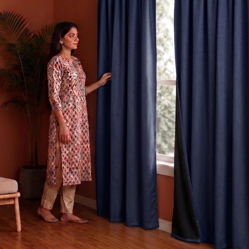 Fort Essential Embossed - Eyelet Black Backing Blackout Curtain (Navy Blue)-6