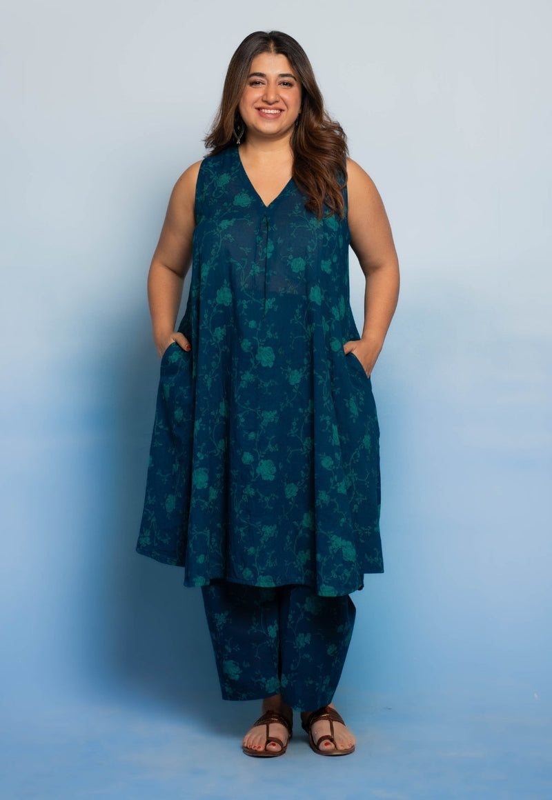 Raahi Blue Dabu Mul Cotton A Line Co-Ord Set