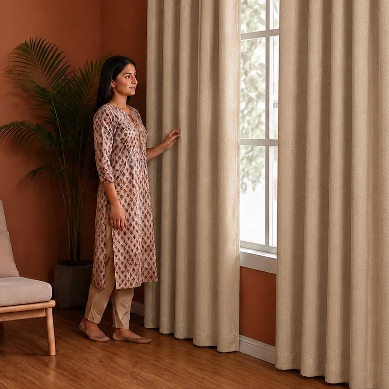 Fort Essential Embossed - Rod Pocket Black Backing Blackout Curtain (Beige)-5