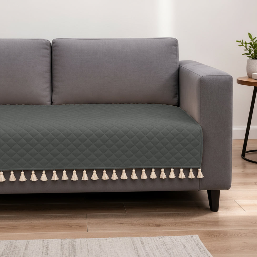 Quilted Velvet Sofa Cover with Tassels (Grey)-7