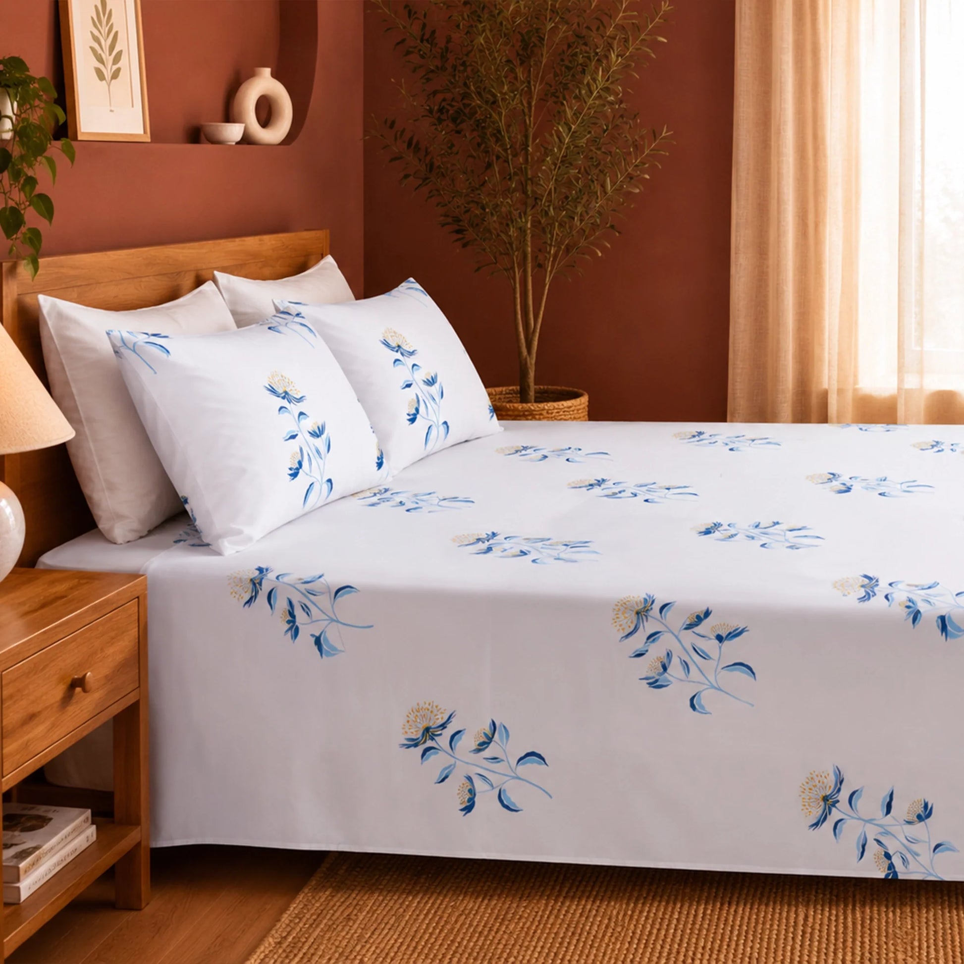 Wild Grace Flower - Floral Bedsheet (Turquoise & Blue)-5